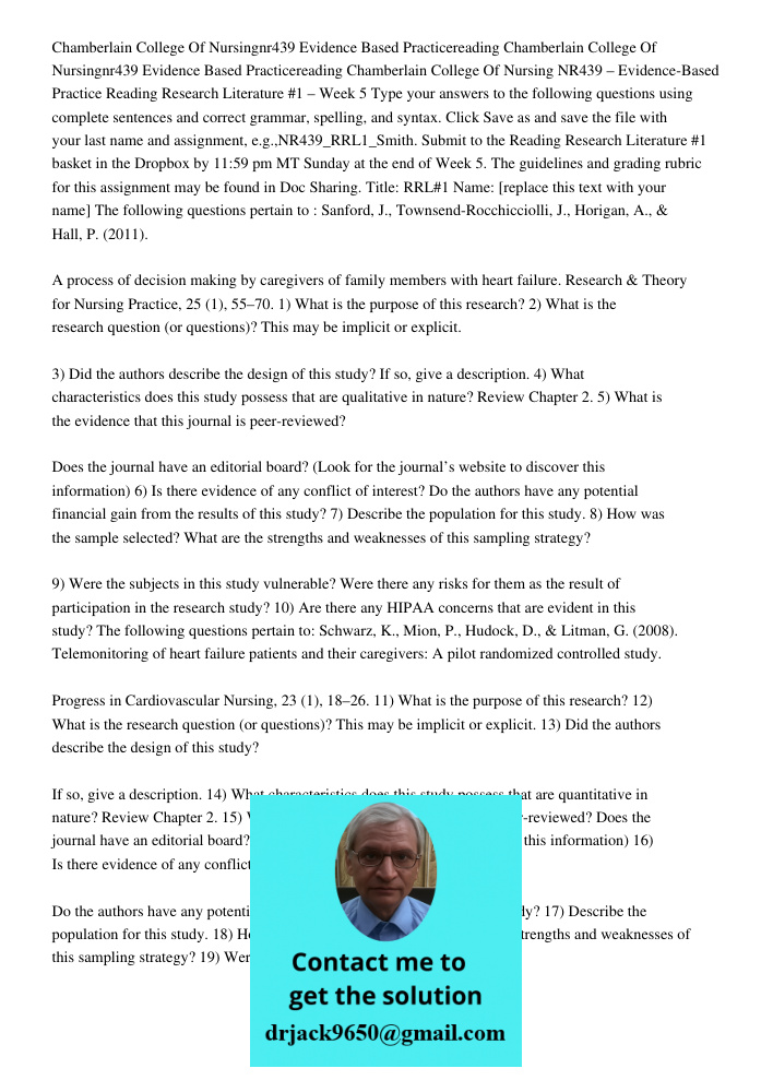 Chamberlain College Of Nursing NR439 – Evidence-Based Practice Reading Research Literature #1 – Week 5 Type your answers to the following questions using comple