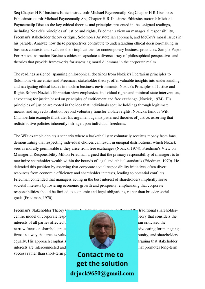 Seq Chapter H R 1business Ethicsinstructordr Michael Payneemailp Discuss the key ethical theories and principles presented in the assigned readings, including N