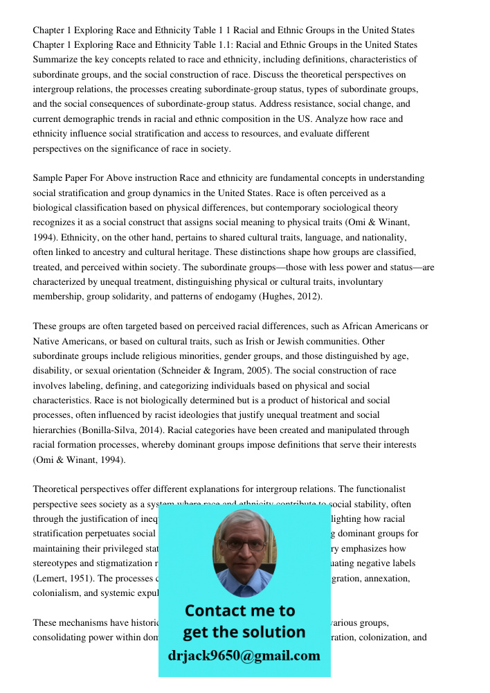 Summarize the key concepts related to race and ethnicity, including definitions, characteristics of subordinate groups, and the social construction of race. Dis