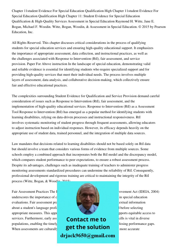 Chapter 11: Student Evidence for Special Education Qualification & High-Quality Services Assessment in Special Education Raymond H. Witte, Jane E. Bogan, Michae