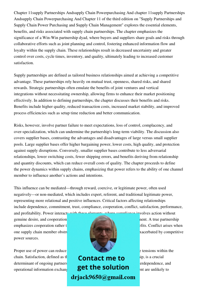 Chapter 11 of the third edition on "Supply Partnerships and Supply Chain Power Purchasing and Supply Chain Management" explores the essential elements, benefits