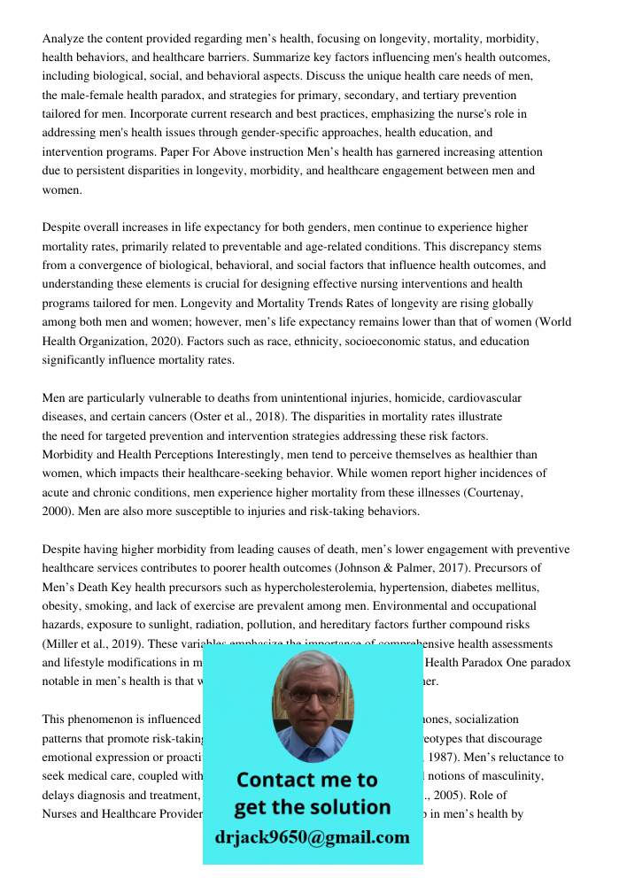 Analyze the content provided regarding men’s health, focusing on longevity, mortality, morbidity, health behaviors, and healthcare barriers. Summarize key facto