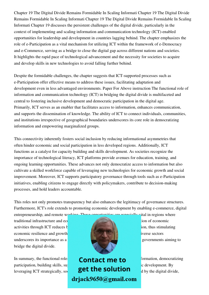 Chapter 19 The Digital Divide Remains Formidable In Scaling Informati Chapter 19 discusses the persistent challenges of the digital divide, particularly in the 