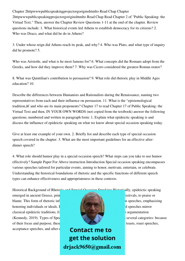 Read Chapter 2 of "Public Speaking: the Virtual Text." Then, answer the Chapter Review Questions 1-11 at the end of the chapter. Review questions include: 1. Wh