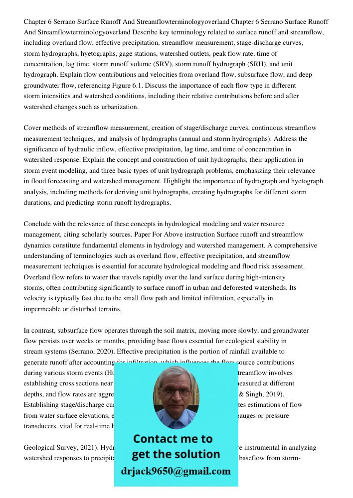 Describe key terminology related to surface runoff and streamflow, including overland flow, effective precipitation, streamflow measurement, stage-discharge cur