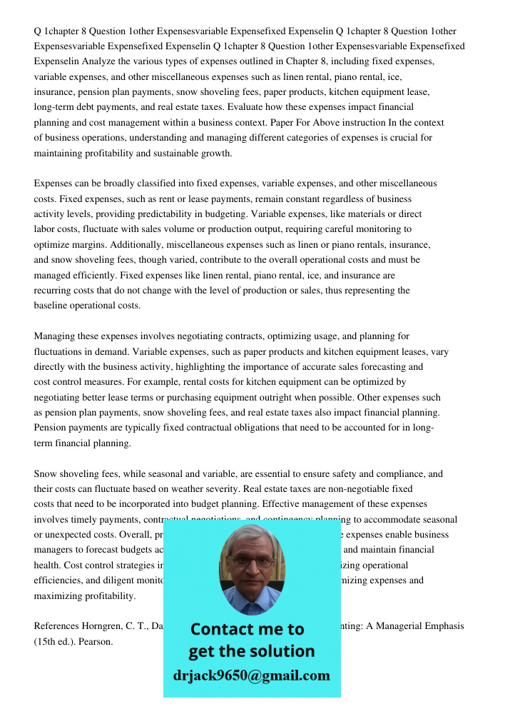 Q 1chapter 8 Question 1other Expensesvariable Expensefixed Expenselin Analyze the various types of expenses outlined in Chapter 8, including fixed expenses, var