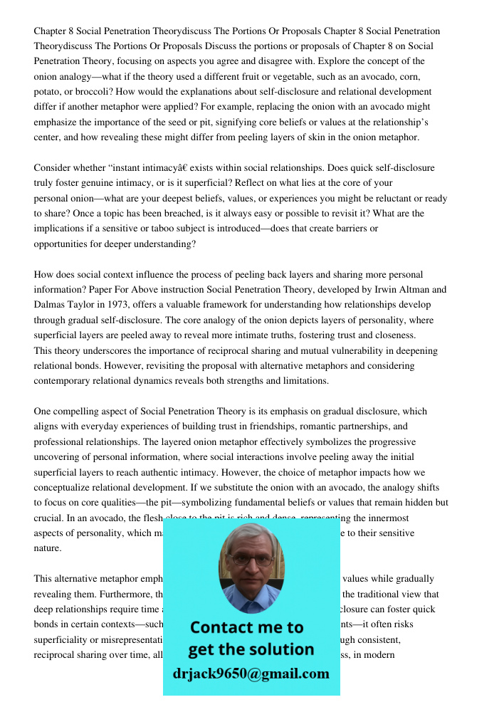 Discuss the portions or proposals of Chapter 8 on Social Penetration Theory, focusing on aspects you agree and disagree with. Explore the concept of the onion a