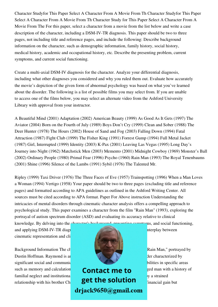 Character Study for This Paper Select A Character From A Movie From The For this paper, select a character from a movie from the list below and write a case des