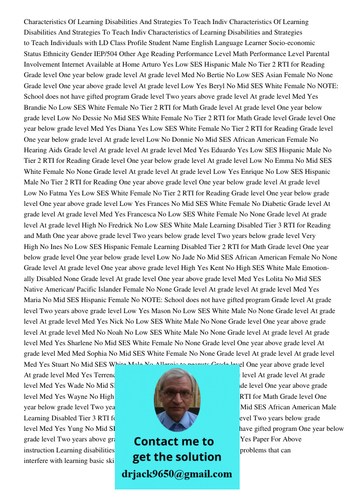 Characteristics of Learning Disabilities and Strategies to Teach Individuals with LD Class Profile Student Name English Language Learner Socio-economic Status E