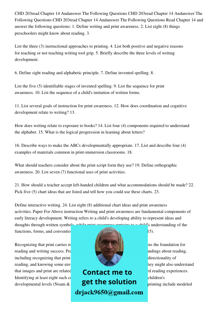 CHD 203read Chapter 14 Andanswer The Following Questions Read Chapter 14 and answer the following questions: 1. Define writing and print awareness. 2. List eigh