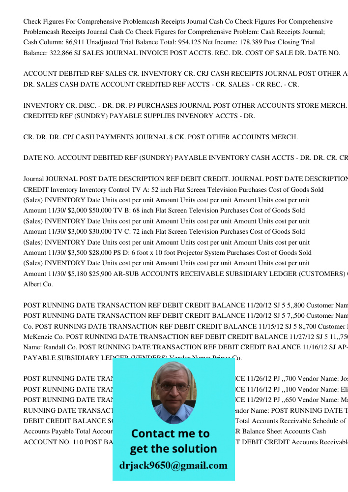 Check Figures For Comprehensive Problemcash Receipts Journal Cash Co Check Figures for Comprehensive Problem: Cash Receipts Journal; Cash Column: 86,911 Unadjus