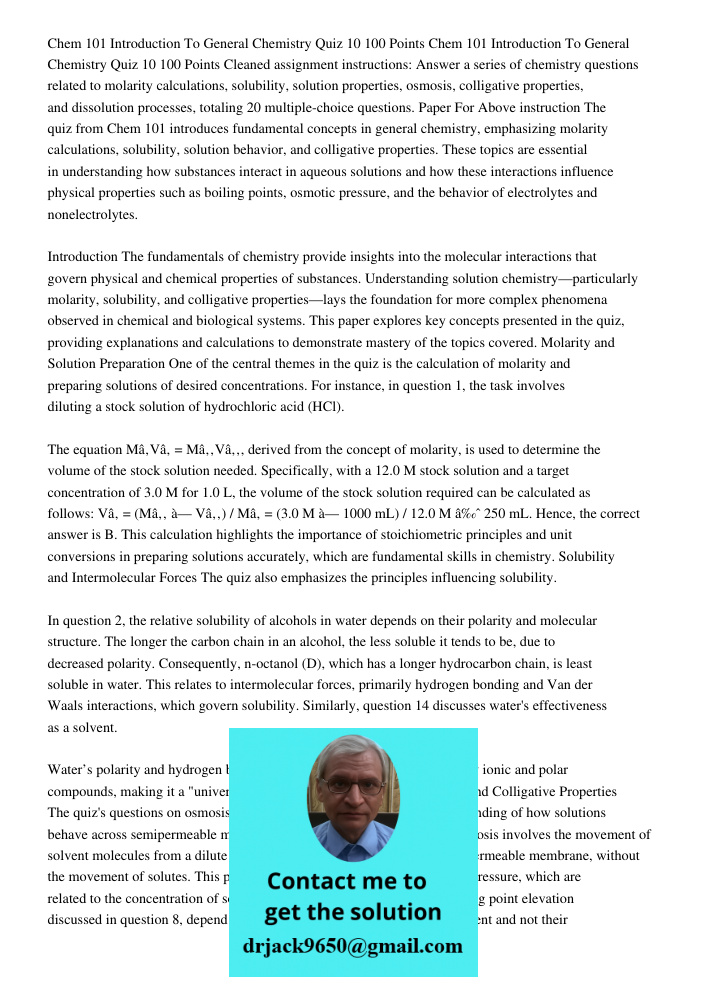 Cleaned assignment instructions: Answer a series of chemistry questions related to molarity calculations, solubility, solution properties, osmosis, colligative 