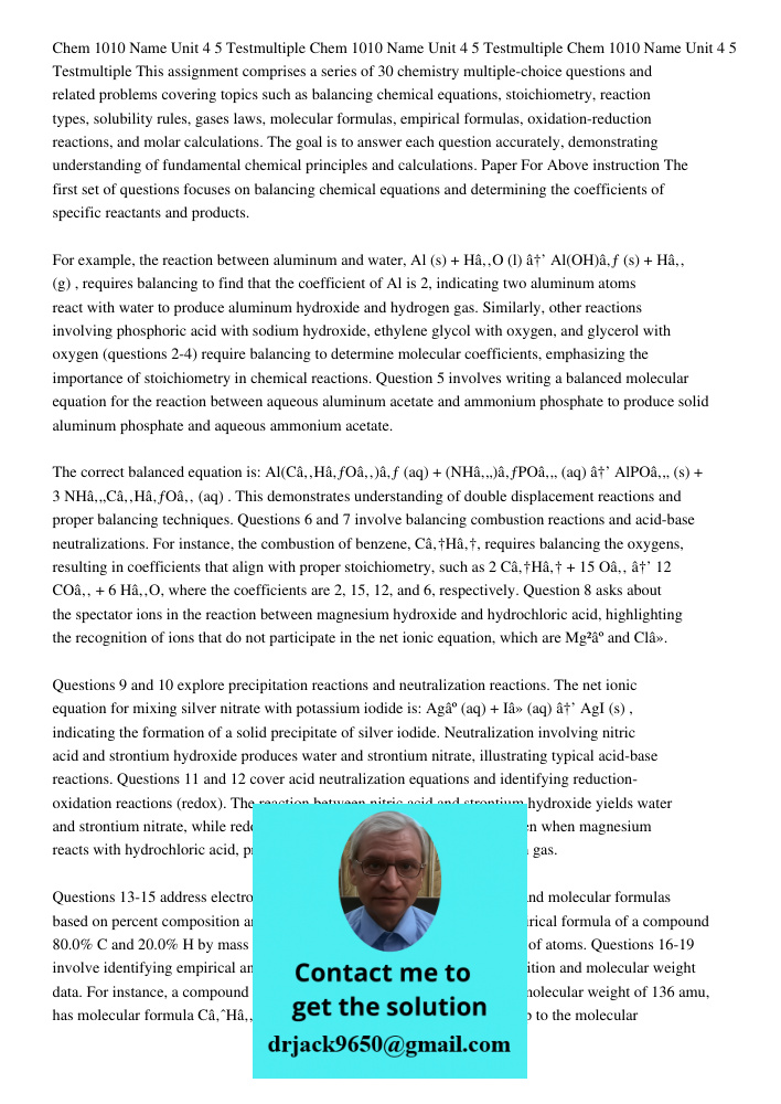Chem 1010 Name Unit 4 5 Testmultiple This assignment comprises a series of 30 chemistry multiple-choice questions and related problems covering topics such as b