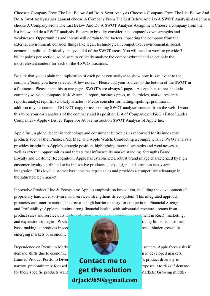 Assignment choose A Company From The List Below And Do A SWOT Analysis Assignment choose A Company From The List Below And Do A SWOT Analysis Assignment Choose 