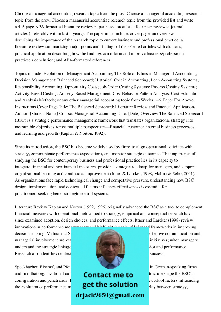 Choose a managerial accounting research topic from the provided list and write a 4–5 page APA-formatted literature review paper based on at least four peer-revi