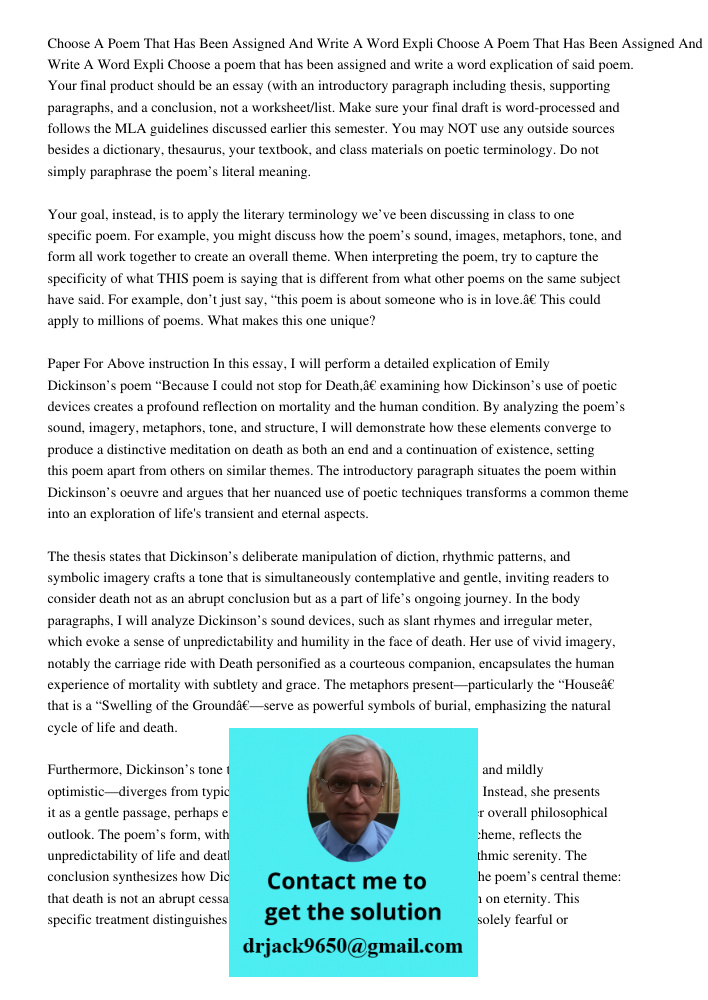 Choose a poem that has been assigned and write a word explication of said poem. Your final product should be an essay (with an introductory paragraph including 