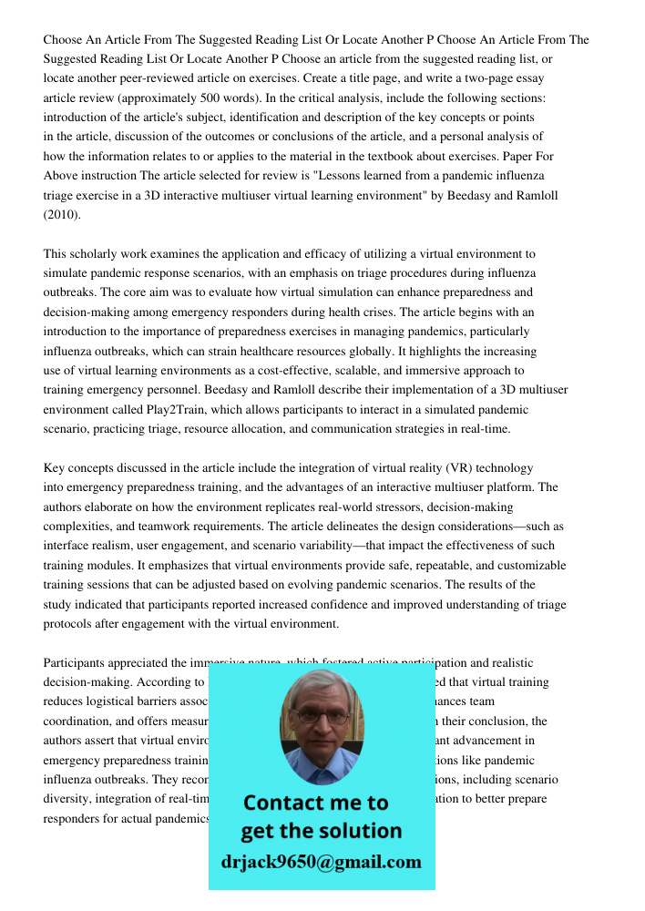 Choose an article from the suggested reading list, or locate another peer-reviewed article on exercises. Create a title page, and write a two-page essay article