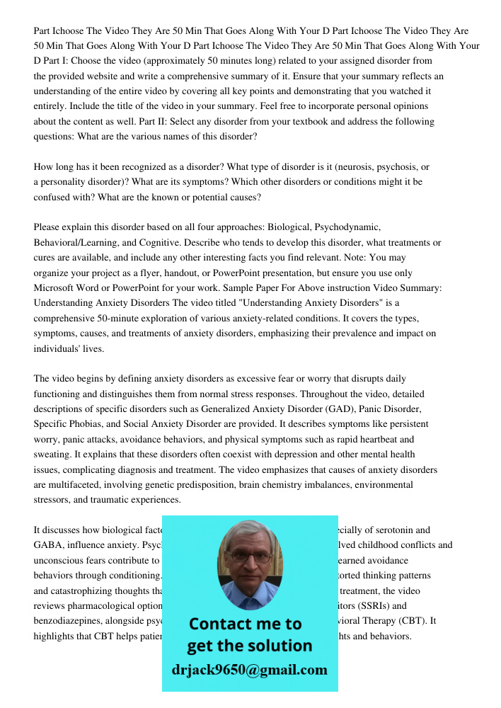 Part Ichoose The Video They Are 50 Min That Goes Along With Your D Part I: Choose the video (approximately 50 minutes long) related to your assigned disorder fr