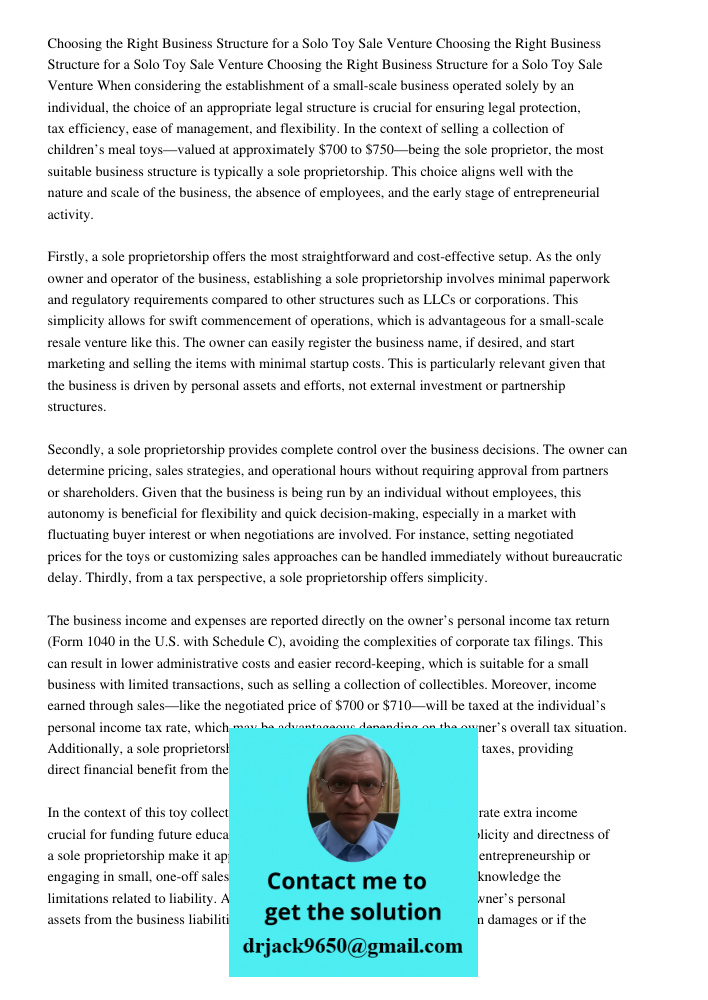 Choosing the Right Business Structure for a Solo Toy Sale Venture When considering the establishment of a small-scale business operated solely by an individual,