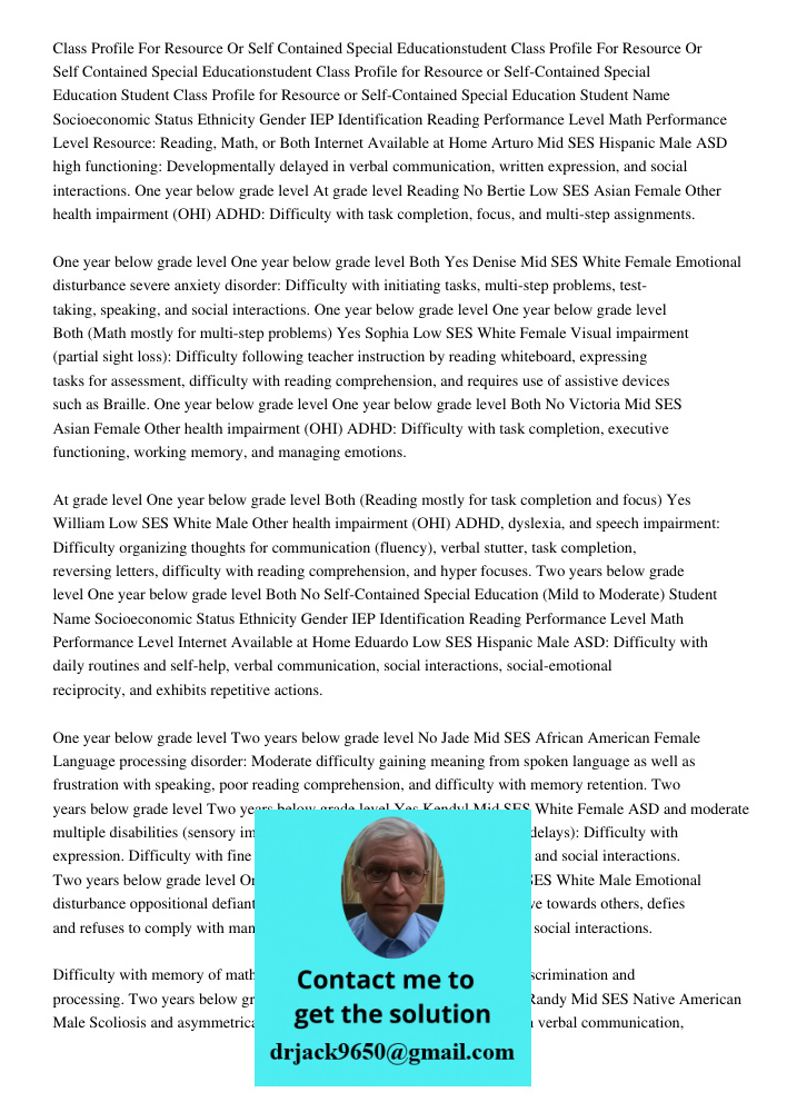 Class Profile for Resource or Self-Contained Special Education Student Class Profile for Resource or Self-Contained Special Education Student Name Socioeconomic
