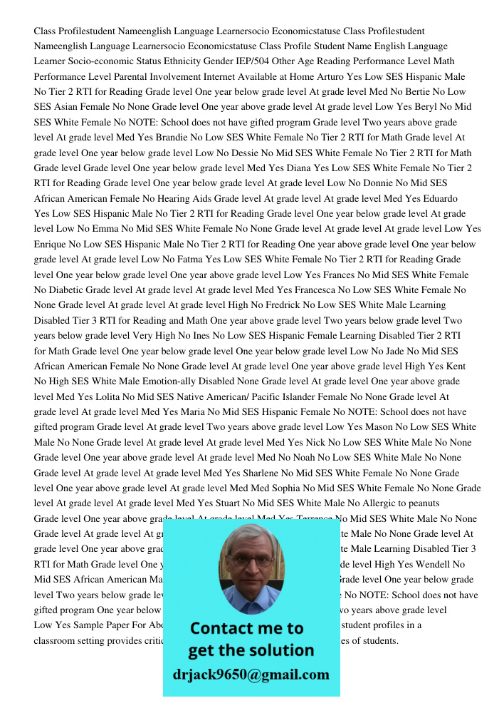 Class Profile Student Name English Language Learner Socio-economic Status Ethnicity Gender IEP/504 Other Age Reading Performance Level Math Performance Level Pa