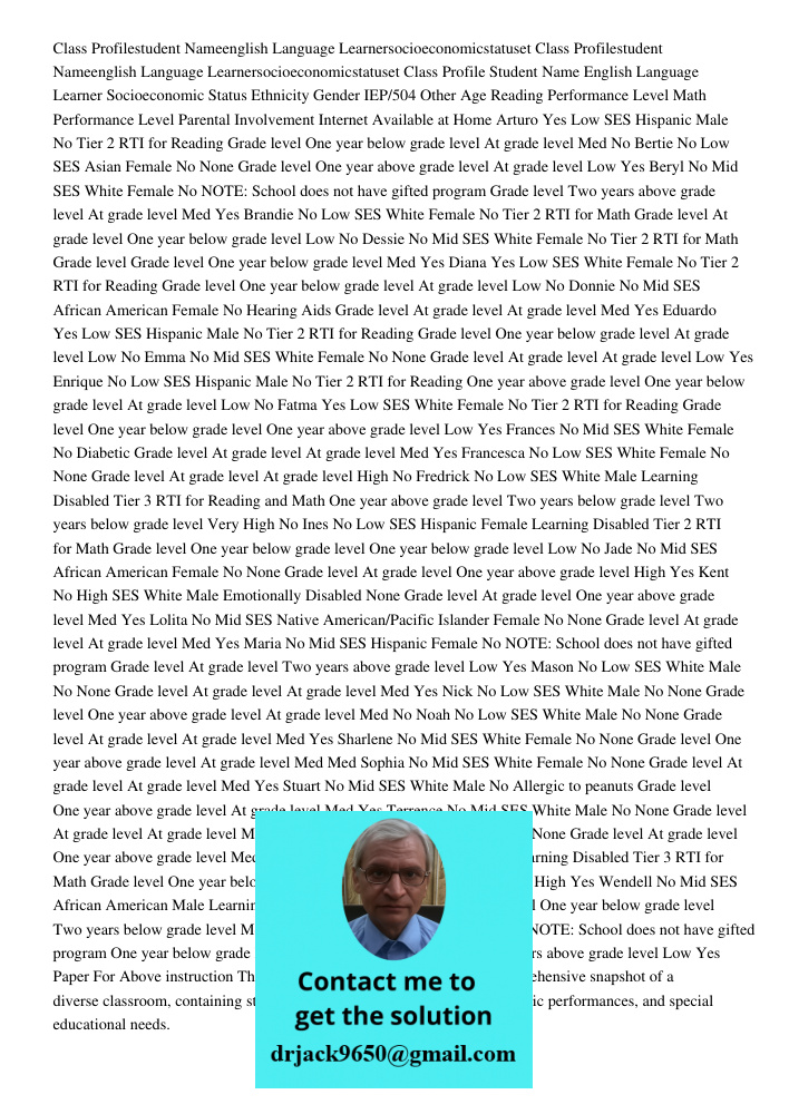 Class Profile Student Name English Language Learner Socioeconomic Status Ethnicity Gender IEP/504 Other Age Reading Performance Level Math Performance Level Par
