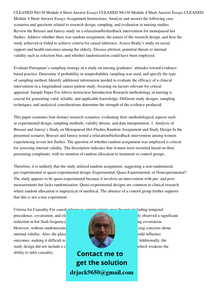 CLEANED N6130 Module 4 Short Answer Essays Assignment Instructions: Analyze and answer the following case scenarios and questions related to research design, sa