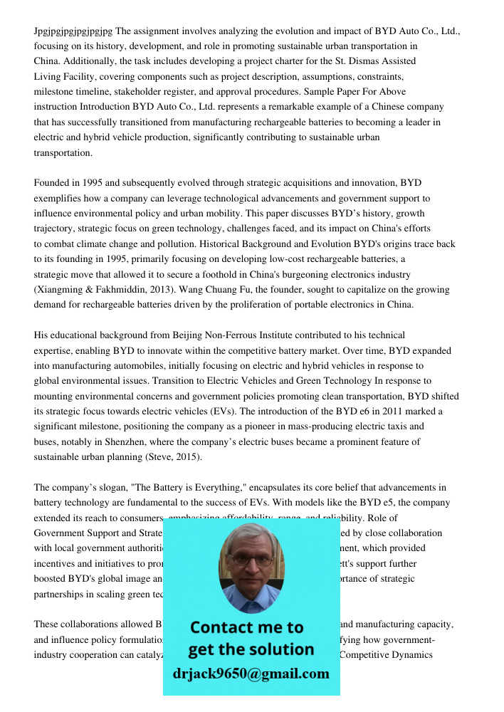 The assignment involves analyzing the evolution and impact of BYD Auto Co., Ltd., focusing on its history, development, and role in promoting sustainable urban 