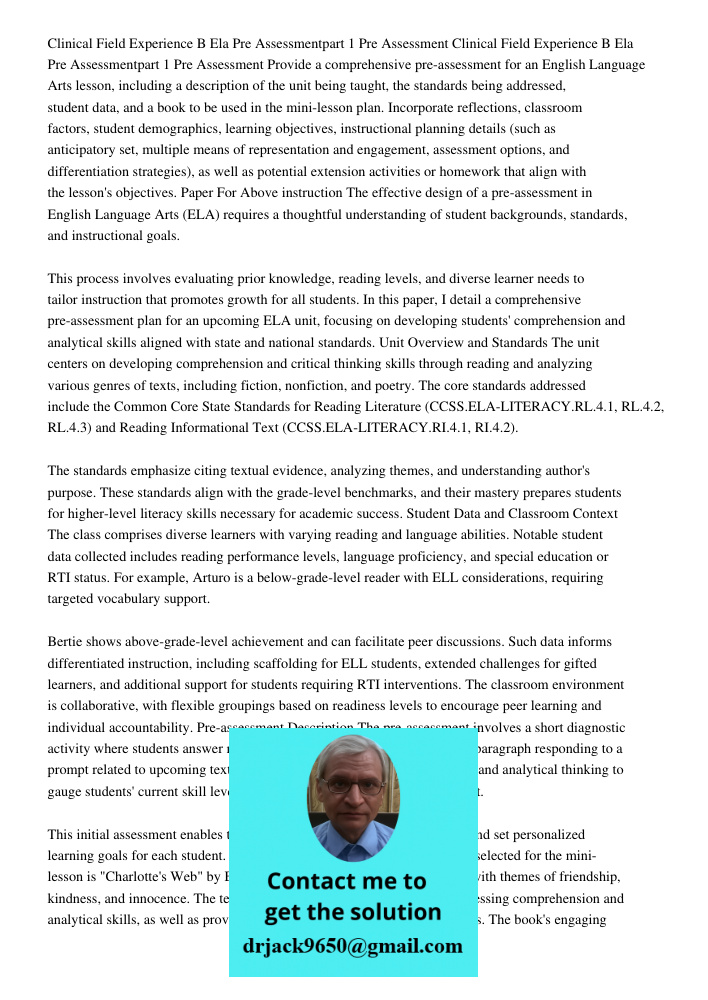 Provide a comprehensive pre-assessment for an English Language Arts lesson, including a description of the unit being taught, the standards being addressed, stu