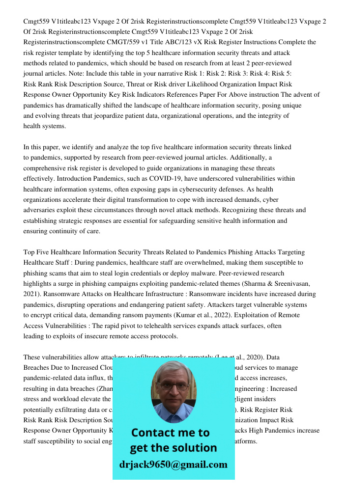 Cmgt559 V1titleabc123 Vxpage 2 Of 2risk Registerinstructionscomplete CMGT/559 v1 Title ABC/123 vX Risk Register Instructions Complete the risk register template