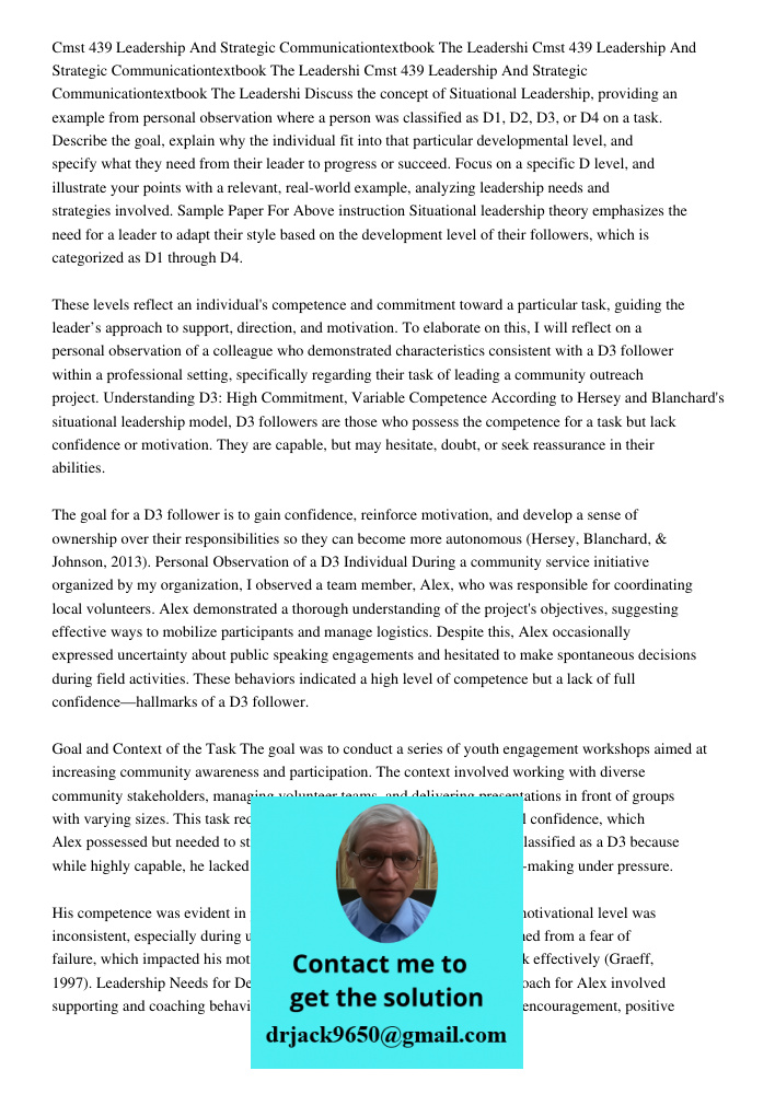 Cmst 439 Leadership And Strategic Communicationtextbook The Leadershi Discuss the concept of Situational Leadership, providing an example from personal observat