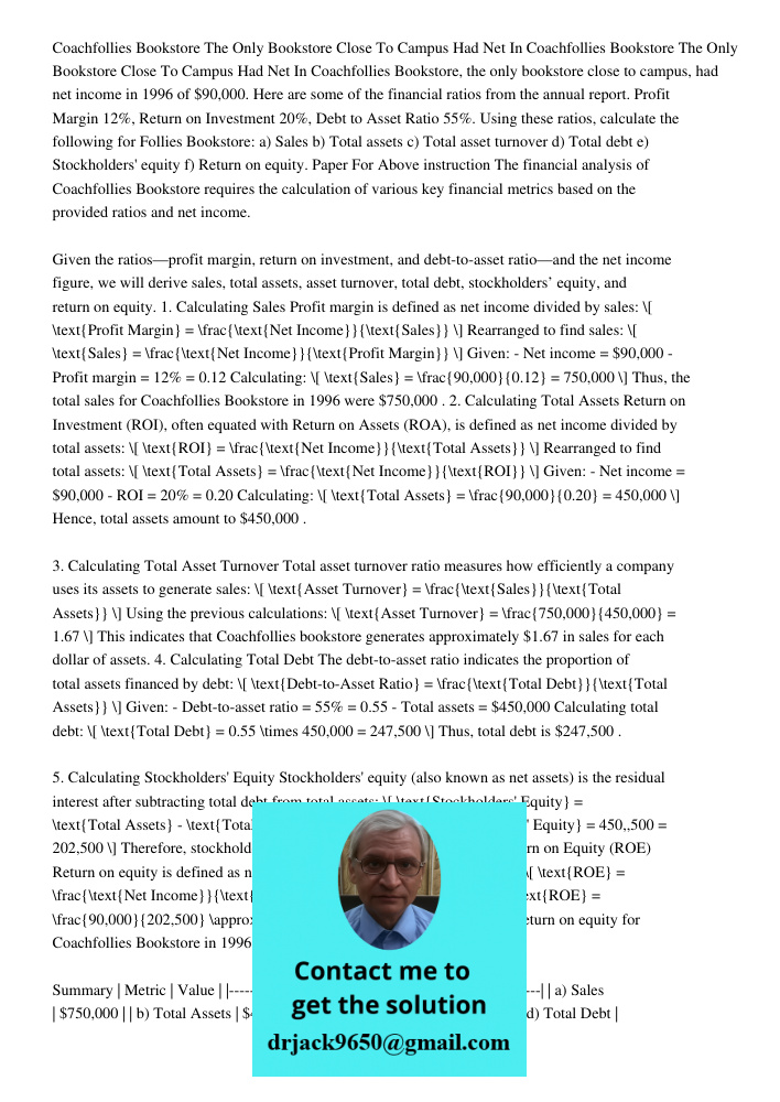 Coachfollies Bookstore, the only bookstore close to campus, had net income in 1996 of $90,000. Here are some of the financial ratios from the annual report. Pro