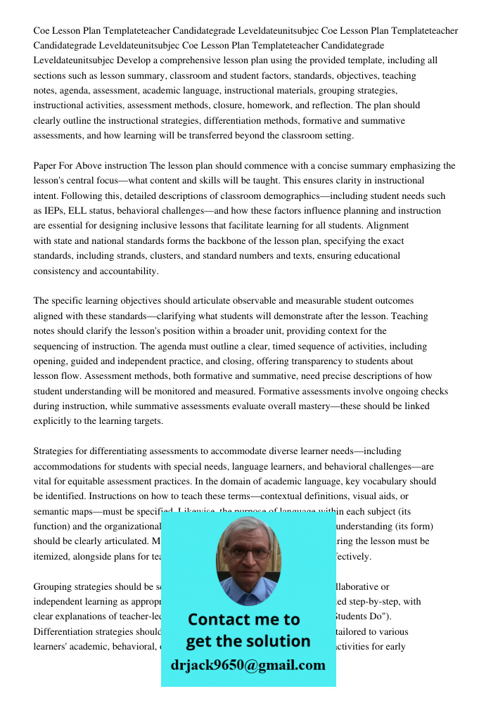 Coe Lesson Plan Templateteacher Candidategrade Leveldateunitsubjec Develop a comprehensive lesson plan using the provided template, including all sections such 