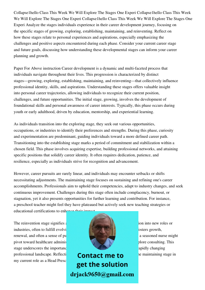 Collapse1hello Class This Week We Will Explore The Stages One Experi Analyze the stages individuals experience in their career development journey, focusing on 