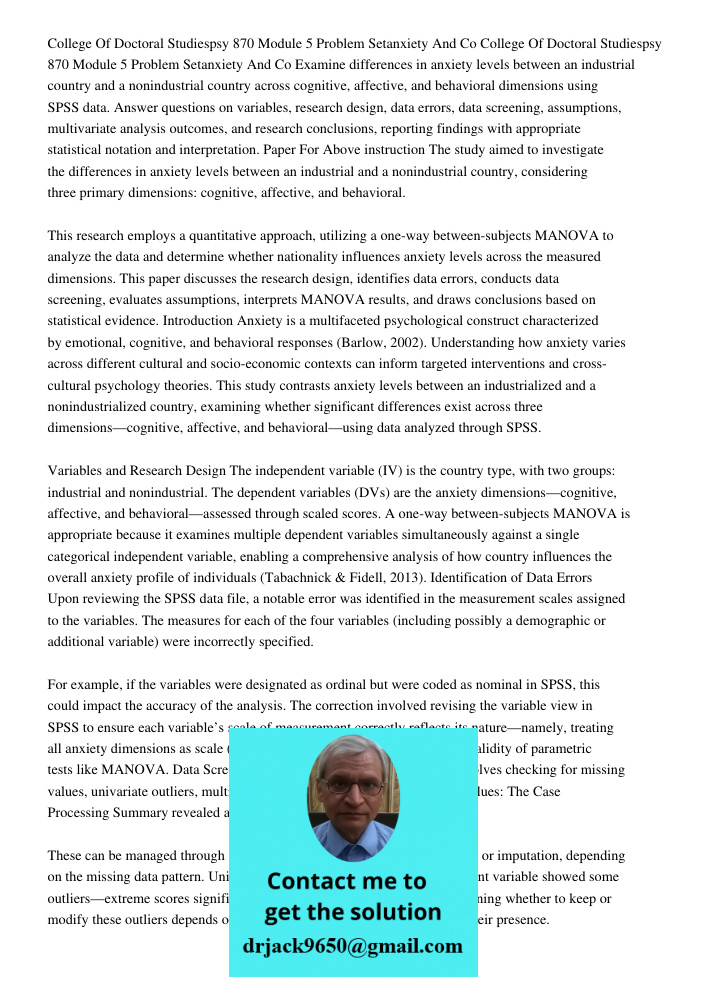 Examine differences in anxiety levels between an industrial country and a nonindustrial country across cognitive, affective, and behavioral dimensions using SPS