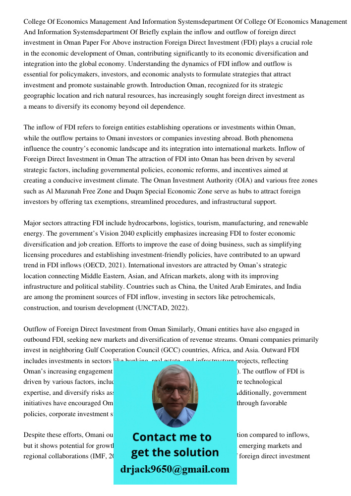 Briefly explain the inflow and outflow of foreign direct investment in Oman Paper For Above instruction Foreign Direct Investment (FDI) plays a crucial role in 