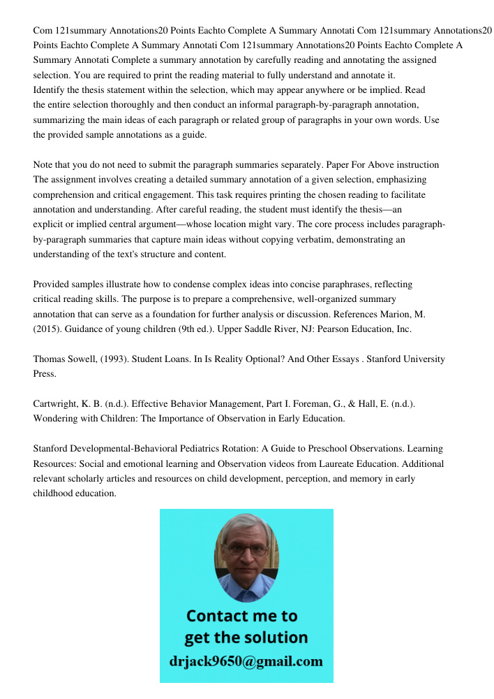 Com 121summary Annotations20 Points Eachto Complete A Summary Annotati Complete a summary annotation by carefully reading and annotating the assigned selection.