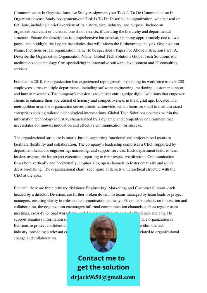 Describe the organization, whether real or fictitious, including a brief overview of its history, size, industry, and purpose. Include an organizational chart o