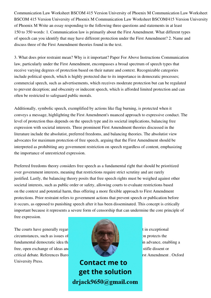 Communication Law Worksheet BSCOM 415 Version University of Phoenix M Write an essay responding to the following three questions and statements in at least 150 