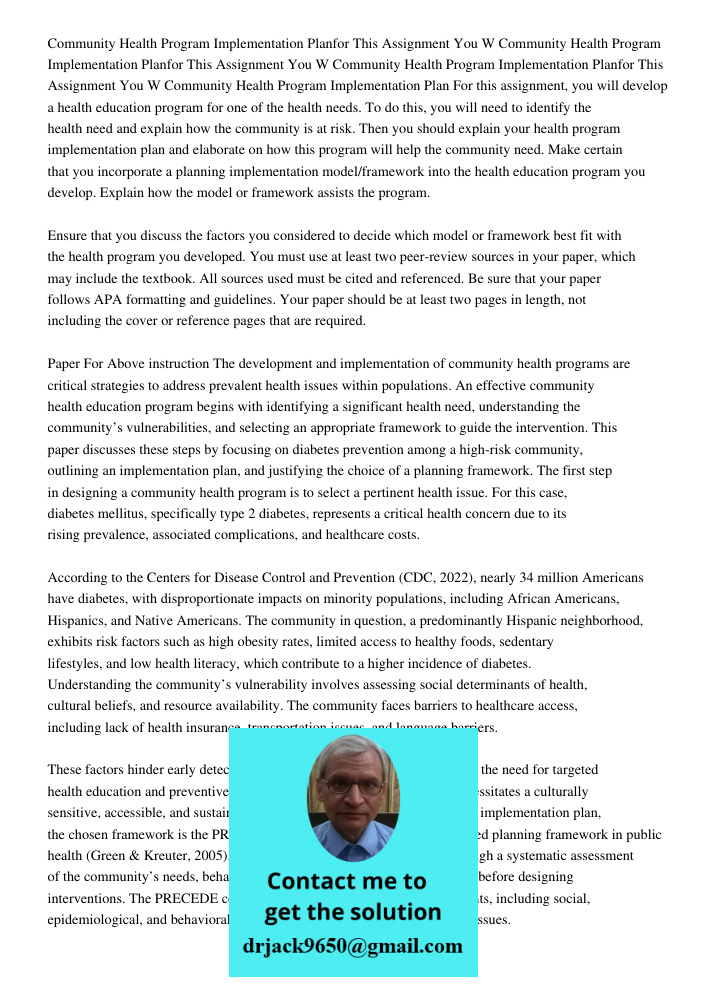 Community Health Program Implementation Planfor This Assignment You W Community Health Program Implementation Plan For this assignment, you will develop a healt