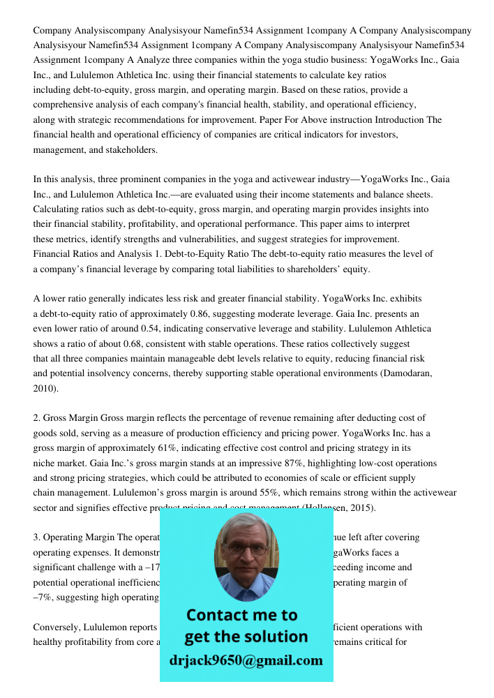 Company Analysiscompany Analysisyour Namefin534 Assignment 1company A Analyze three companies within the yoga studio business: YogaWorks Inc., Gaia Inc., and Lu