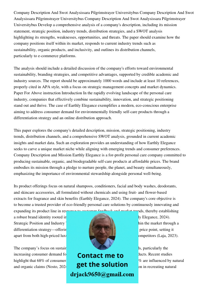 Company Description And Swot Analysissara Pilgrimstrayer Universitybus Develop a comprehensive analysis of a company's description, including its mission statem