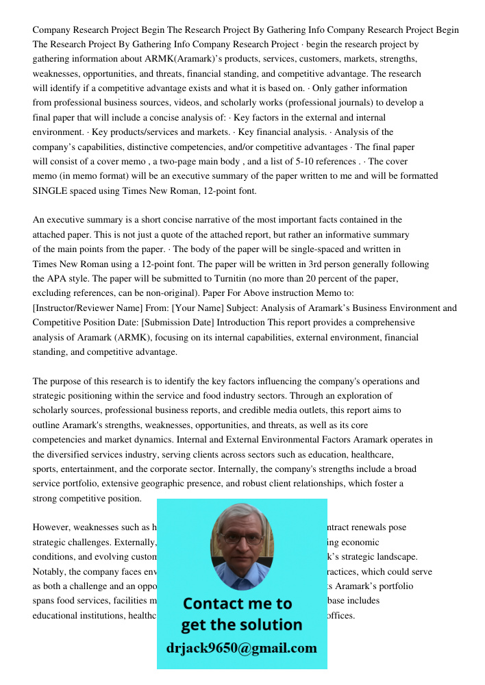 Company Research Project · begin the research project by gathering information about ARMK(Aramark)’s products, services, customers, markets, strengths, weakness