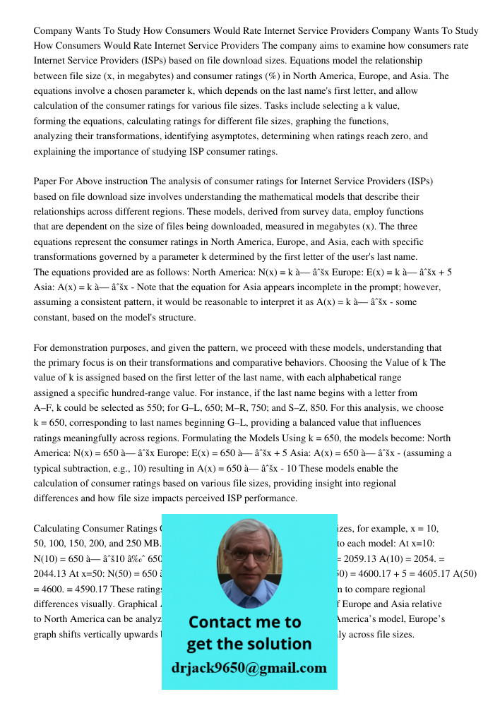 The company aims to examine how consumers rate Internet Service Providers (ISPs) based on file download sizes. Equations model the relationship between file siz