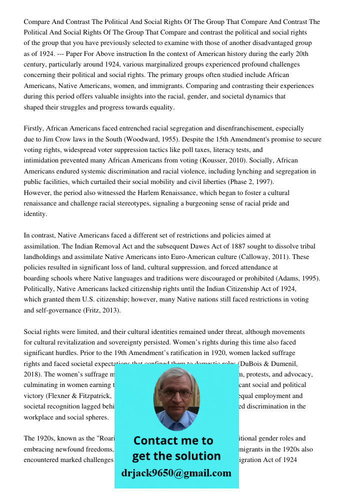 Compare and contrast the political and social rights of the group that you have previously selected to examine with those of another disadvantaged group as of 1