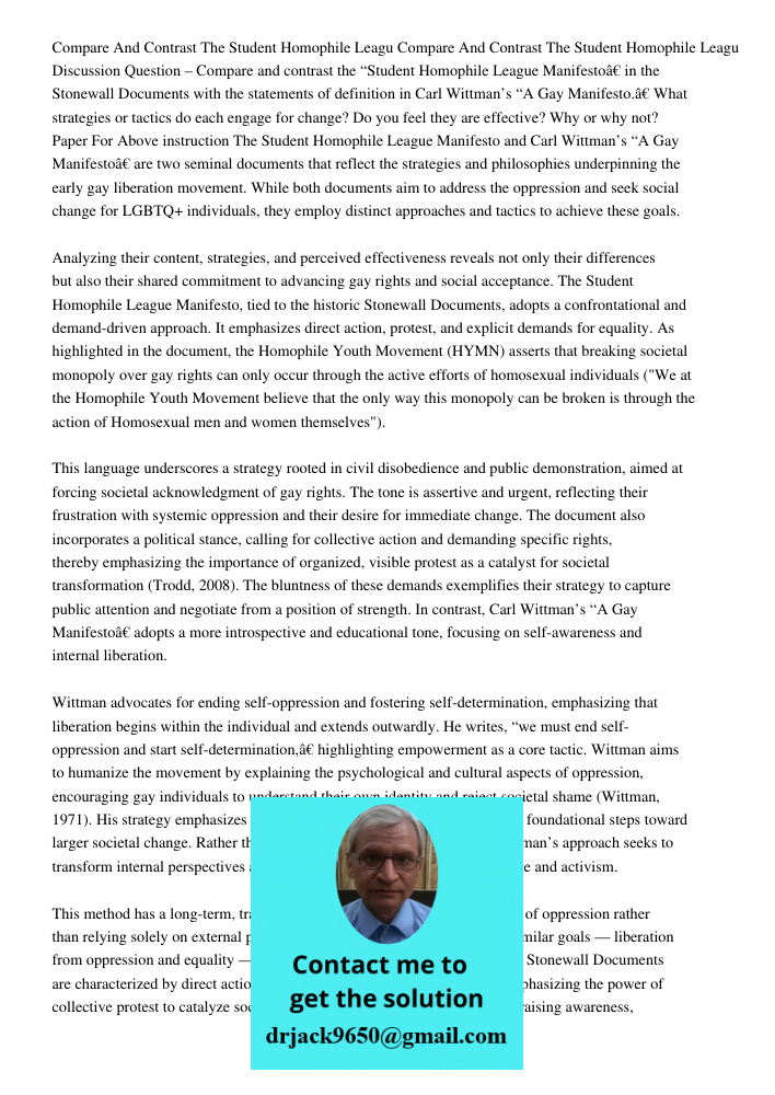 Discussion Question – Compare and contrast the “Student Homophile League Manifesto” in the Stonewall Documents with the statements of definition in Carl Wittman