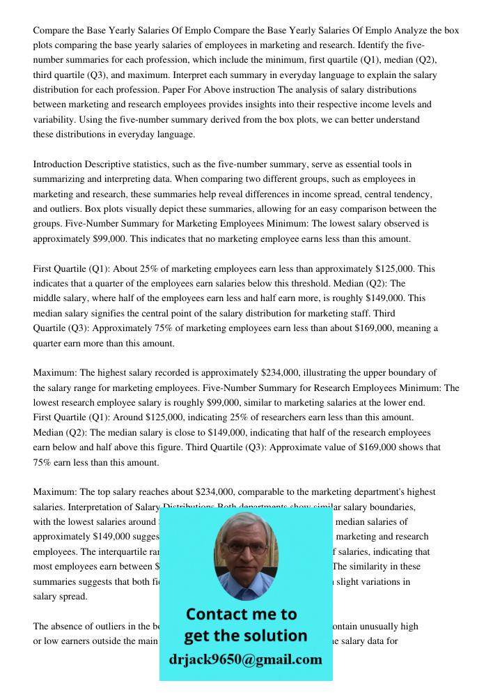 Analyze the box plots comparing the base yearly salaries of employees in marketing and research. Identify the five-number summaries for each profession, which i