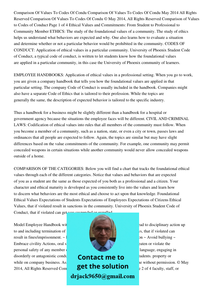 May 2014 All Rights Reserved Comparison Of Values To Codes Of Condu © May 2014, All Rights Reserved Comparison of Values to Codes of Conduct Page 1 of 4 Ethical