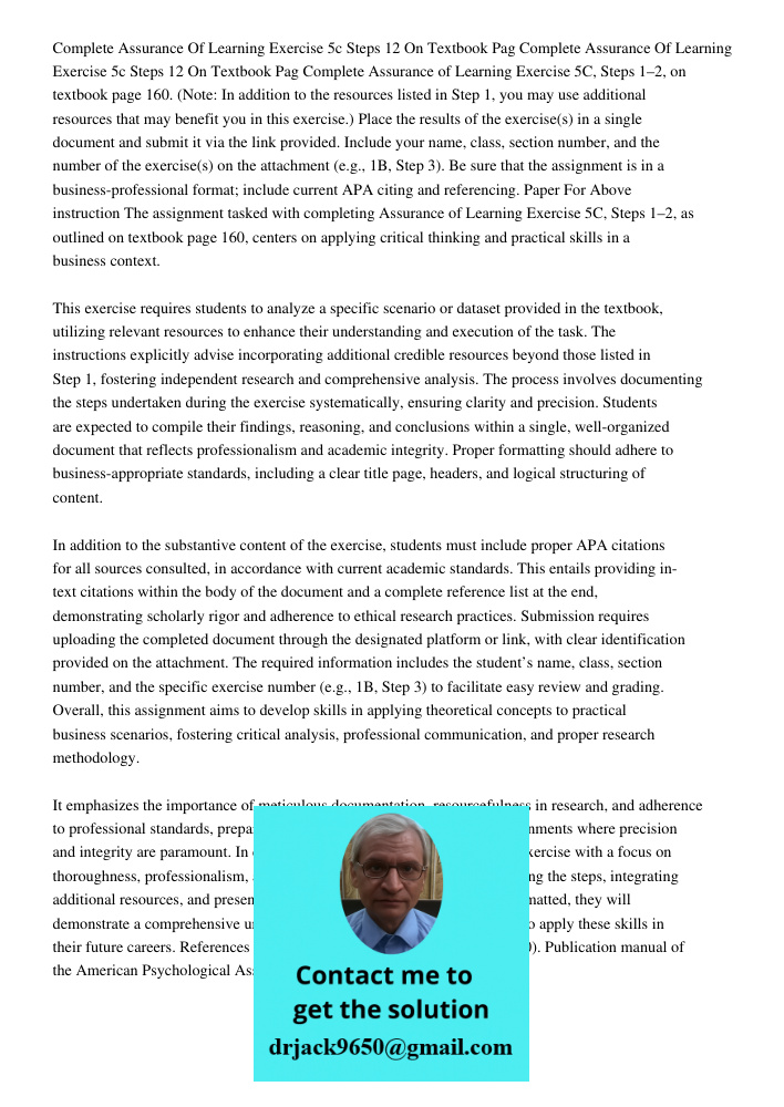 Complete Assurance of Learning Exercise 5C, Steps 1–2, on textbook page 160. (Note: In addition to the resources listed in Step 1, you may use additional resour