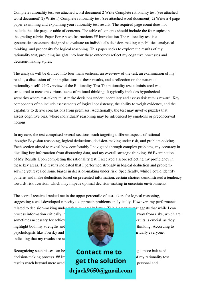 1) Complete rationality test (see attached word document) 2) Write a 4 page paper examining and explaining your rationality test results. The required page coun
